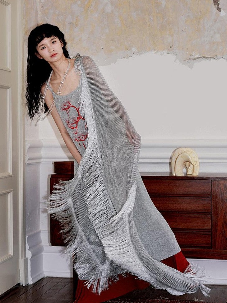badtaste Metallic New Chinese Embroidered Women's Knit Slip Maxi Dresses
