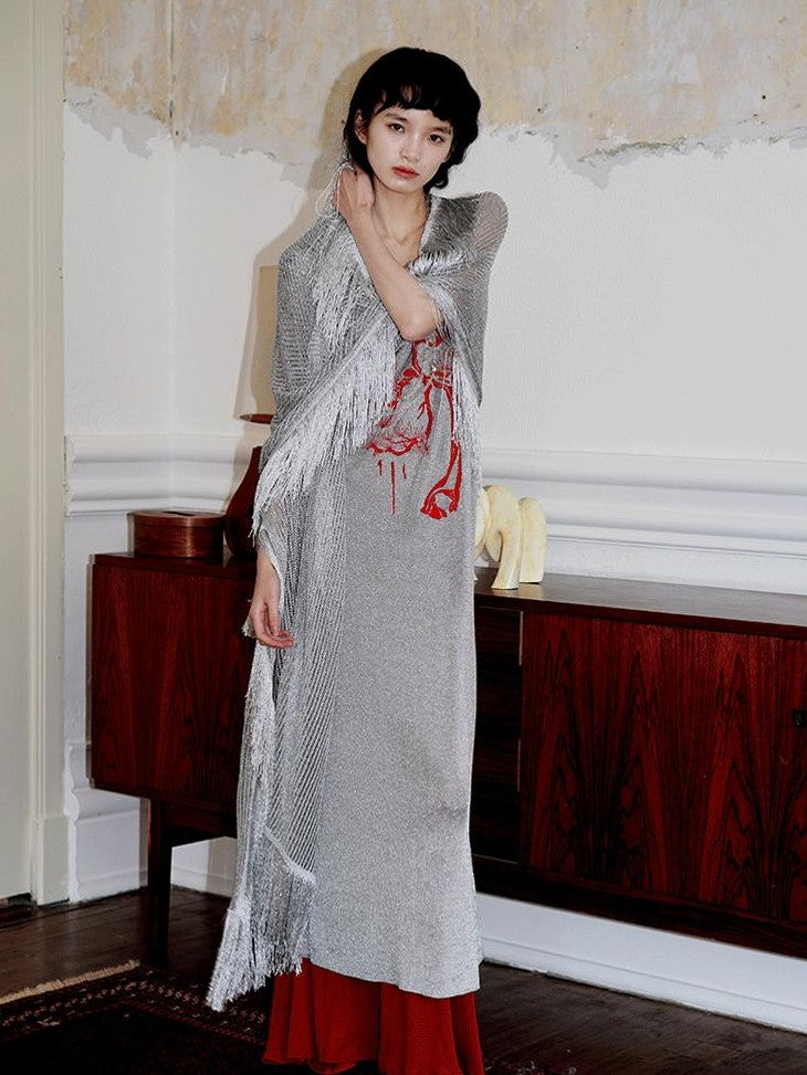 badtaste Metallic New Chinese Embroidered Women's Knit Slip Maxi Dresses