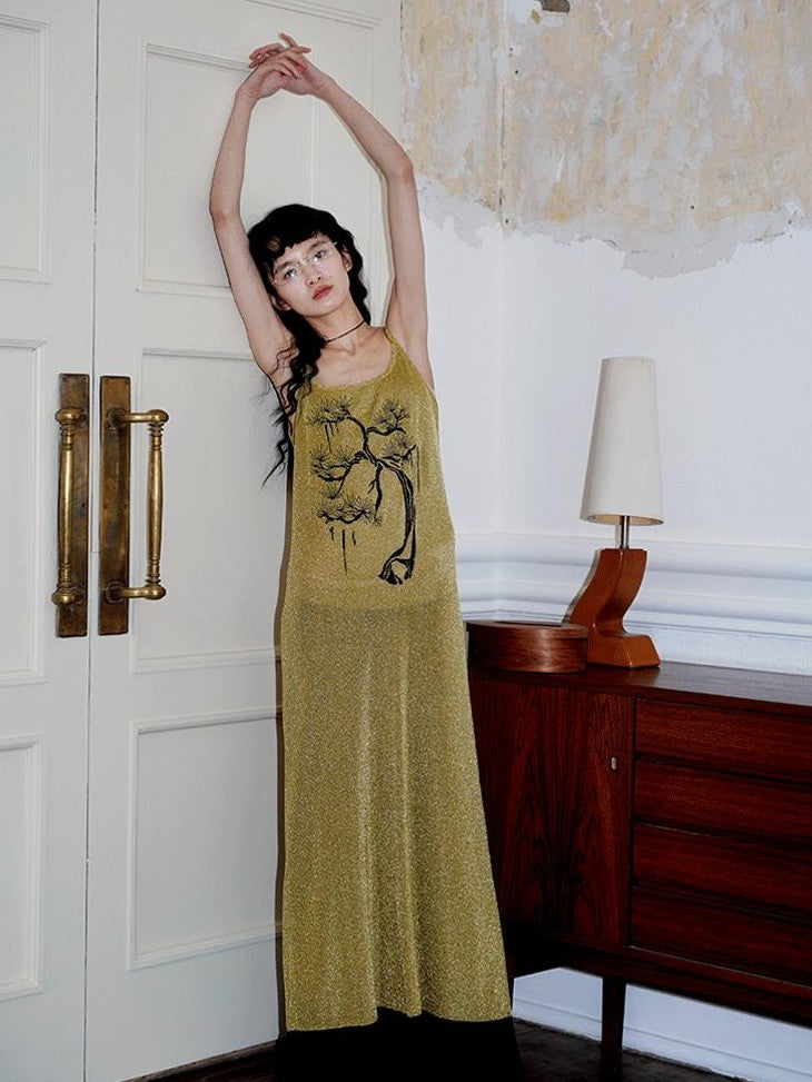 badtaste Metallic New Chinese Embroidered Women's Knit Slip Maxi Dresses