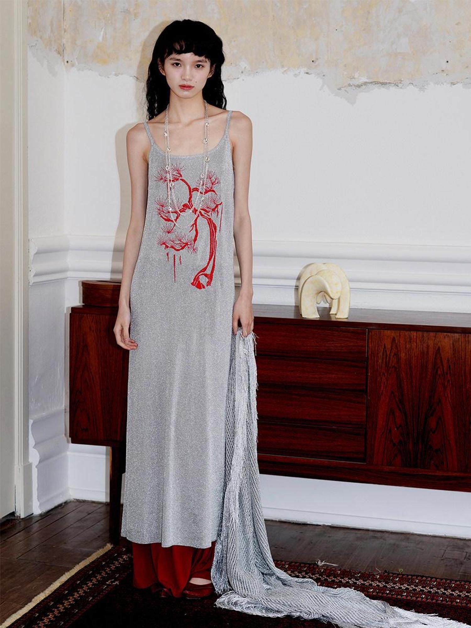 badtaste Metallic New Chinese Embroidered Women's Knit Slip Maxi Dresses