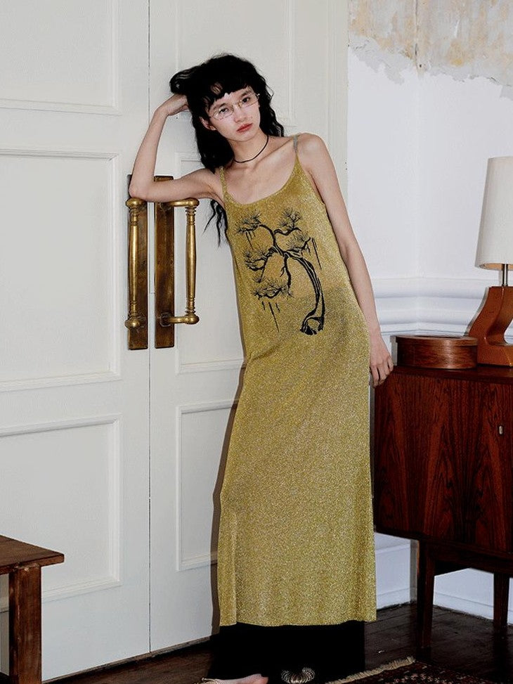 badtaste Metallic New Chinese Embroidered Women's Knit Slip Maxi Dresses