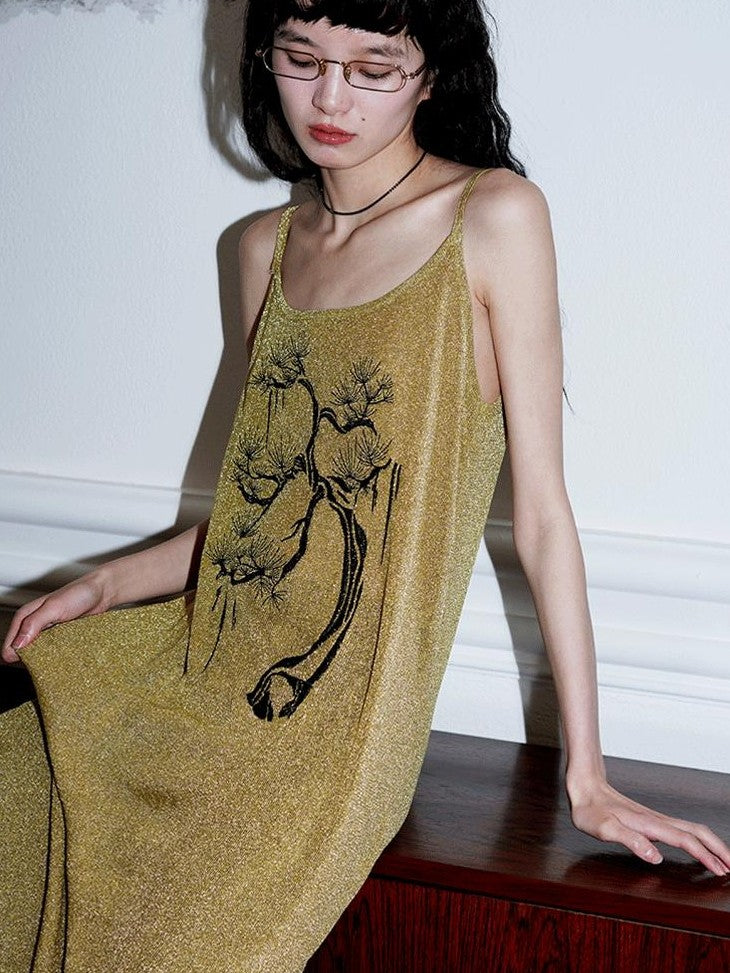 badtaste Metallic New Chinese Embroidered Women's Knit Slip Maxi Dresses