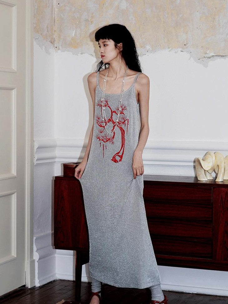 badtaste Metallic New Chinese Embroidered Women's Knit Slip Maxi Dresses