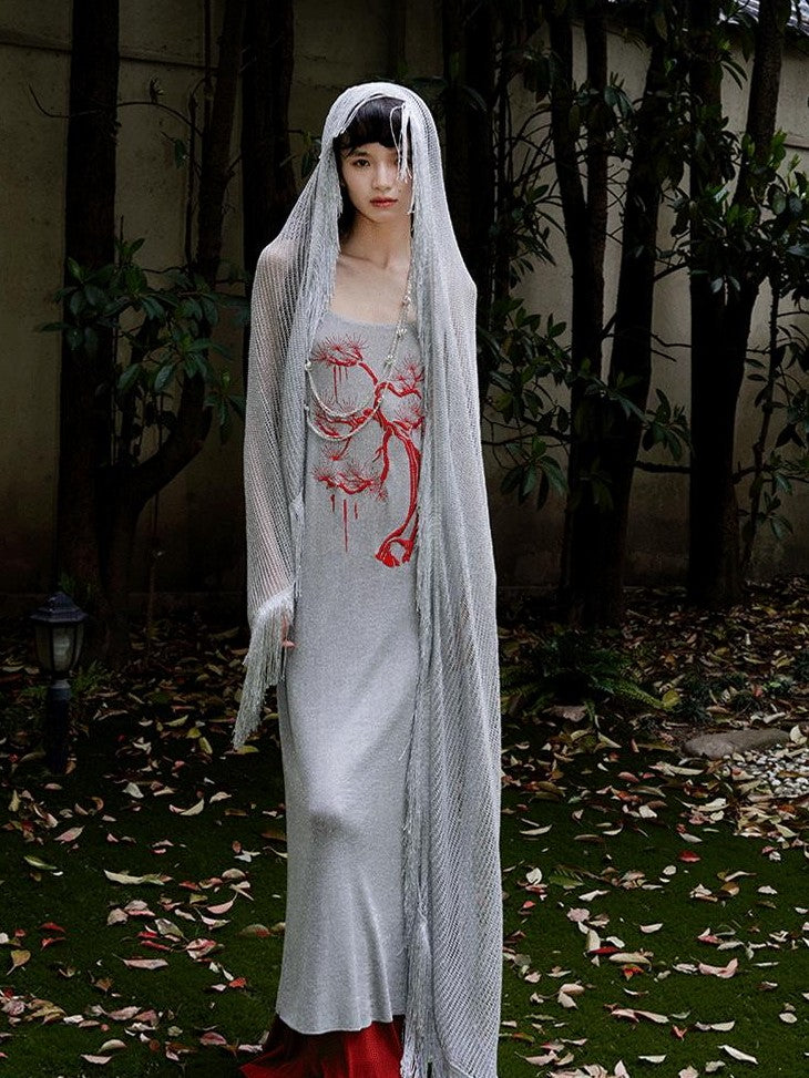 badtaste Metallic New Chinese Embroidered Women's Knit Slip Maxi Dresses