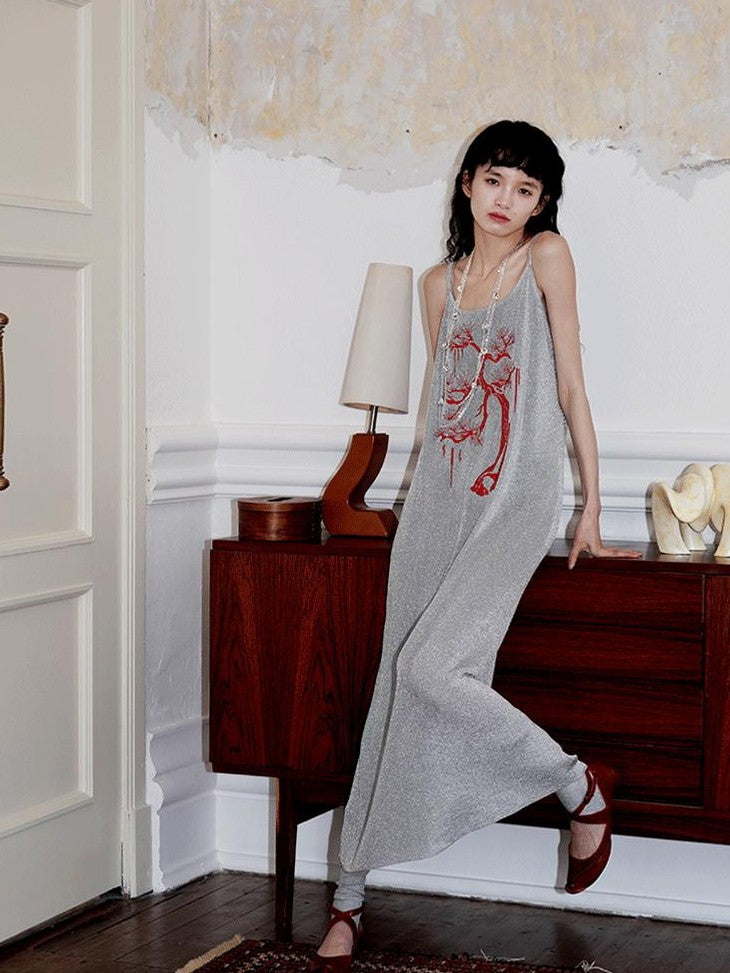 badtaste Metallic New Chinese Embroidered Women's Knit Slip Maxi Dresses