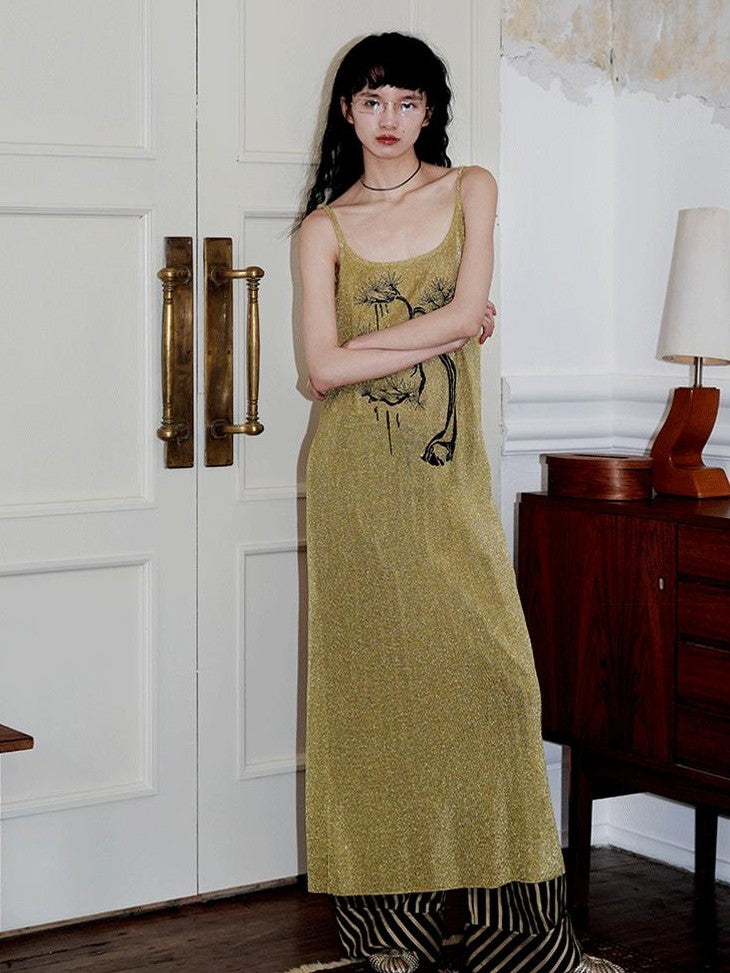 badtaste Metallic New Chinese Embroidered Women's Knit Slip Maxi Dresses