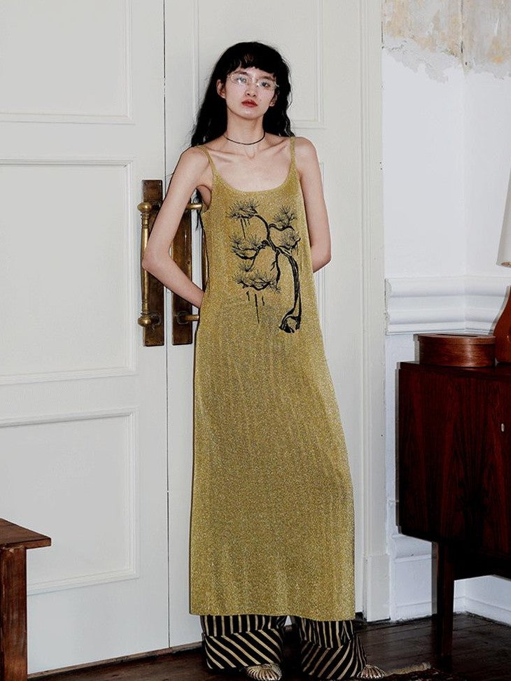 badtaste Metallic New Chinese Embroidered Women's Knit Slip Maxi Dresses