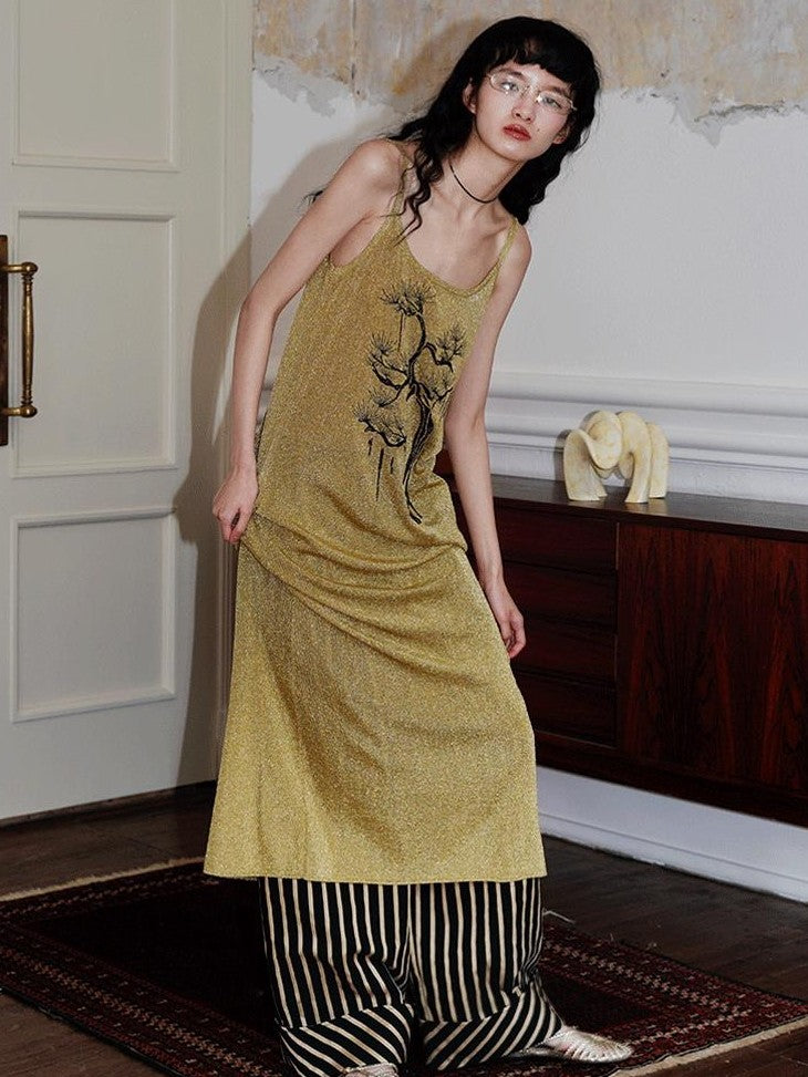 badtaste Metallic New Chinese Embroidered Women's Knit Slip Maxi Dresses