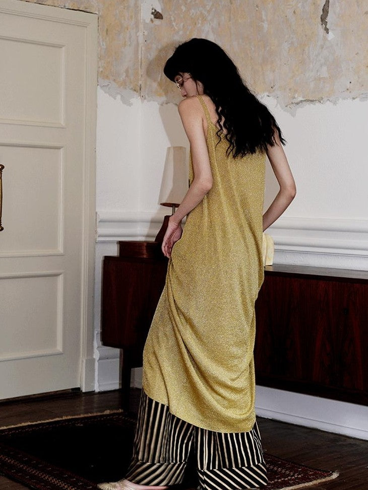 badtaste Metallic New Chinese Embroidered Women's Knit Slip Maxi Dresses