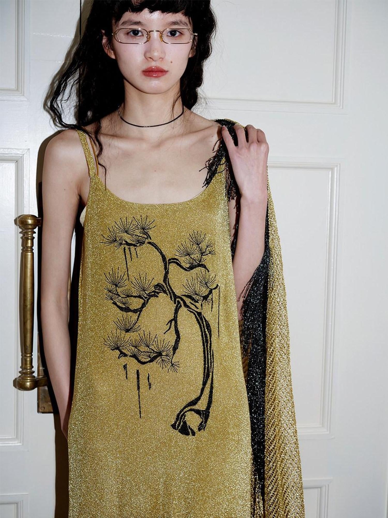 badtaste Metallic New Chinese Embroidered Women's Knit Slip Maxi Dresses