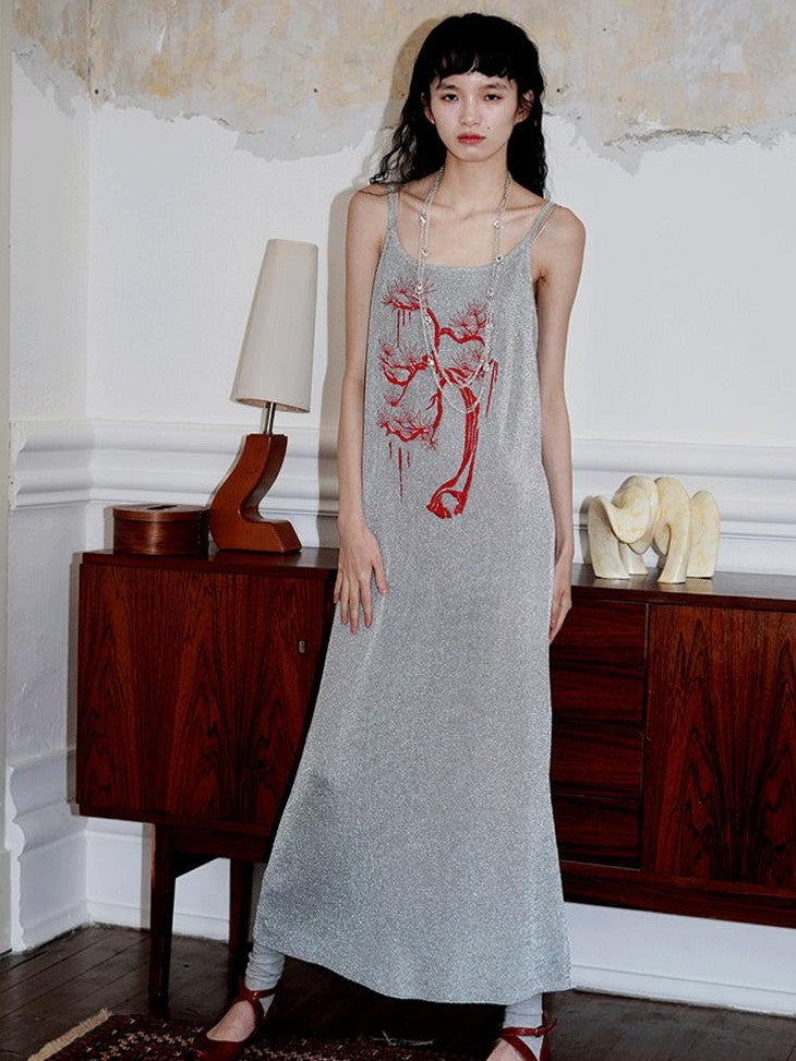 badtaste Metallic New Chinese Embroidered Women's Knit Slip Maxi Dresses