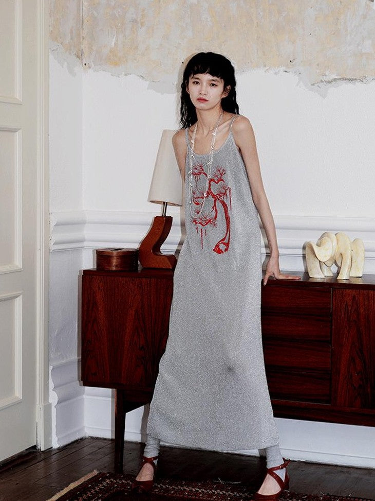badtaste Metallic New Chinese Embroidered Women's Knit Slip Maxi Dresses