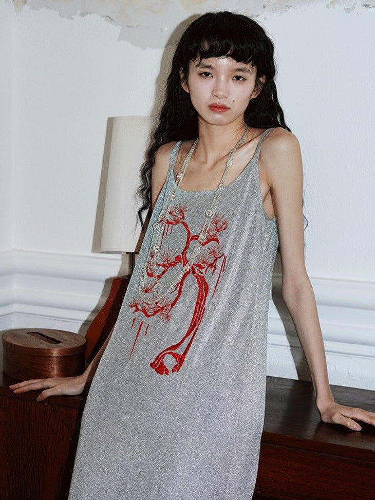 badtaste Metallic New Chinese Embroidered Women's Knit Slip Maxi Dresses