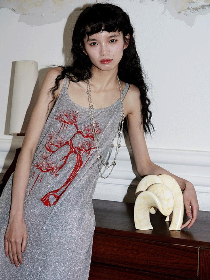 badtaste Metallic New Chinese Embroidered Women's Knit Slip Maxi Dresses