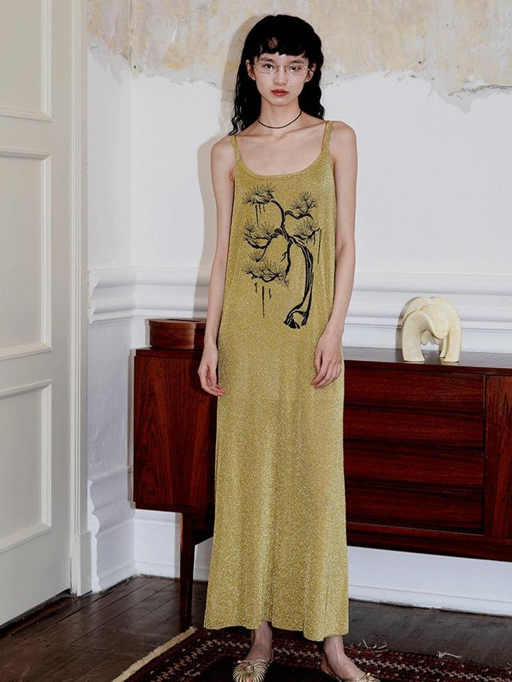 badtaste Metallic New Chinese Embroidered Women's Knit Slip Maxi Dresses