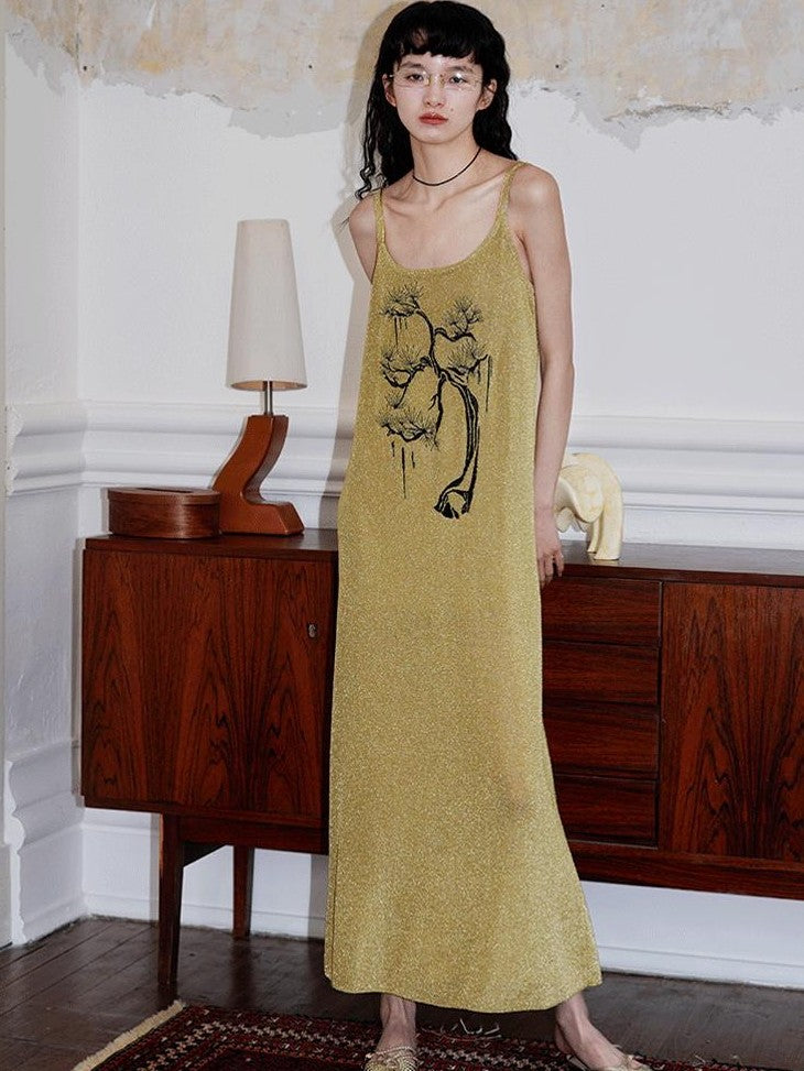 badtaste Metallic New Chinese Embroidered Women's Knit Slip Maxi Dresses