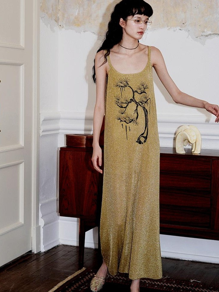 badtaste Metallic New Chinese Embroidered Women's Knit Slip Maxi Dresses