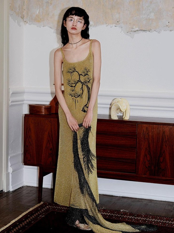 badtaste Metallic New Chinese Embroidered Women's Knit Slip Maxi Dresses