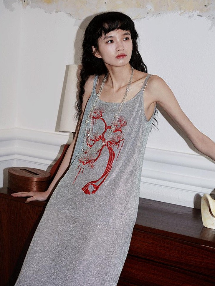 badtaste Metallic New Chinese Embroidered Women's Knit Slip Maxi Dresses