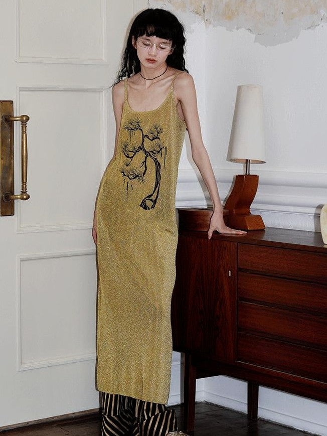 badtaste Metallic New Chinese Embroidered Women's Knit Slip Maxi Dresses
