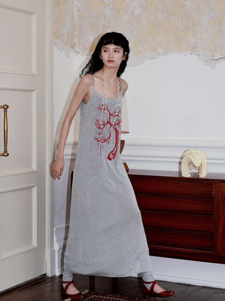 badtaste Metallic New Chinese Embroidered Women's Knit Slip Maxi Dresses