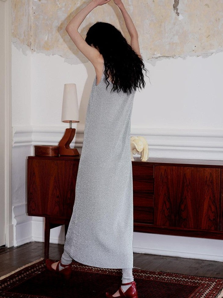 badtaste Metallic New Chinese Embroidered Women's Knit Slip Maxi Dresses
