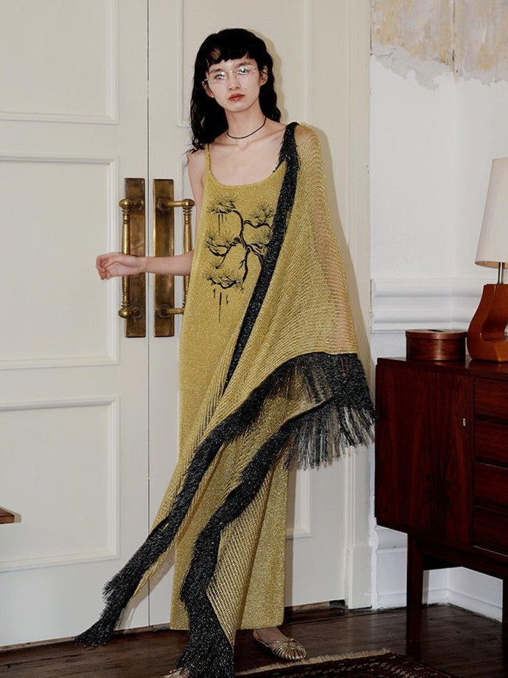 badtaste Metallic New Chinese Embroidered Women's Knit Slip Maxi Dresses