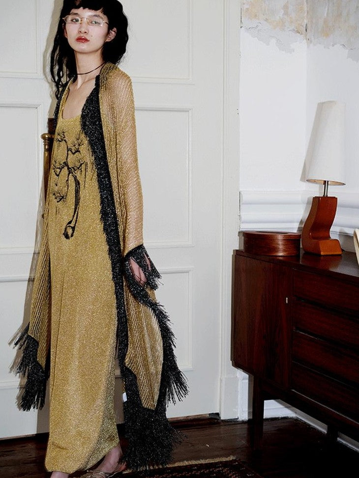 badtaste Metallic New Chinese Embroidered Women's Knit Slip Maxi Dresses