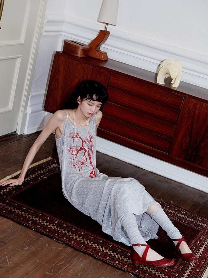 badtaste Metallic New Chinese Embroidered Women's Knit Slip Maxi Dresses