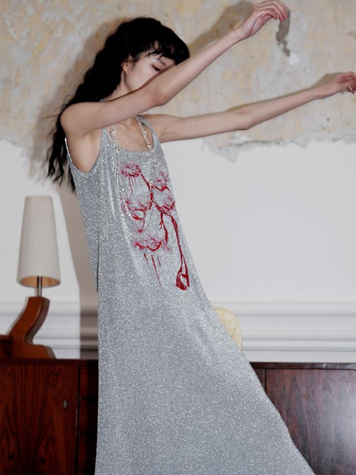 badtaste Metallic New Chinese Embroidered Women's Knit Slip Maxi Dresses