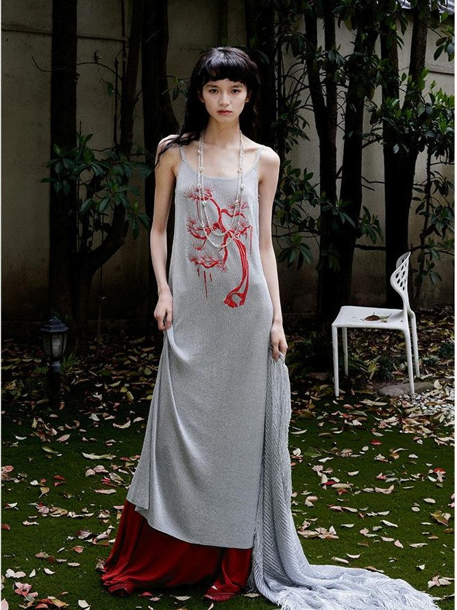 badtaste Metallic New Chinese Embroidered Women's Knit Slip Maxi Dresses