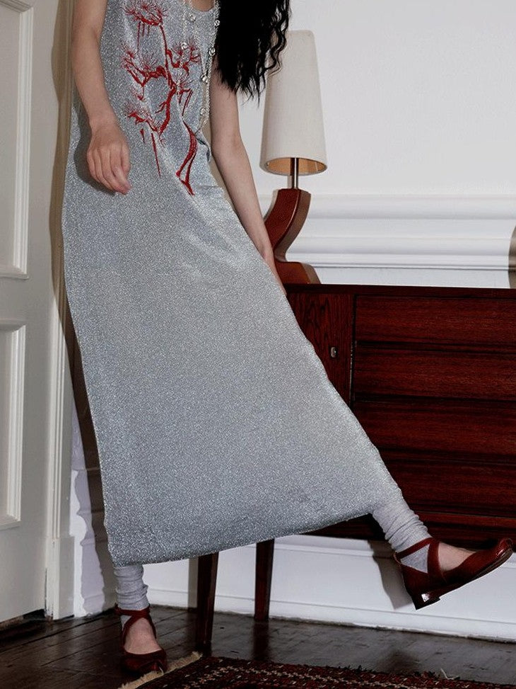 badtaste Metallic New Chinese Embroidered Women's Knit Slip Maxi Dresses
