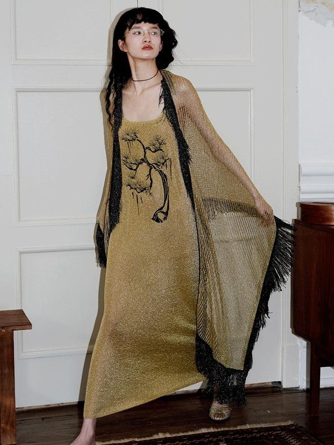 badtaste Metallic New Chinese Embroidered Women's Knit Slip Maxi Dresses
