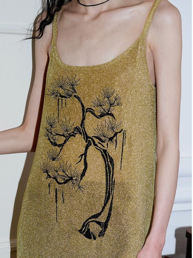 badtaste Metallic New Chinese Embroidered Women's Knit Slip Maxi Dresses