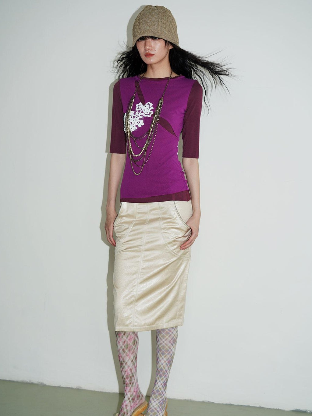 badtaste Metallic Sheen H Line Low Waist Slim Vintage Women's Light Gold Midi Skirts