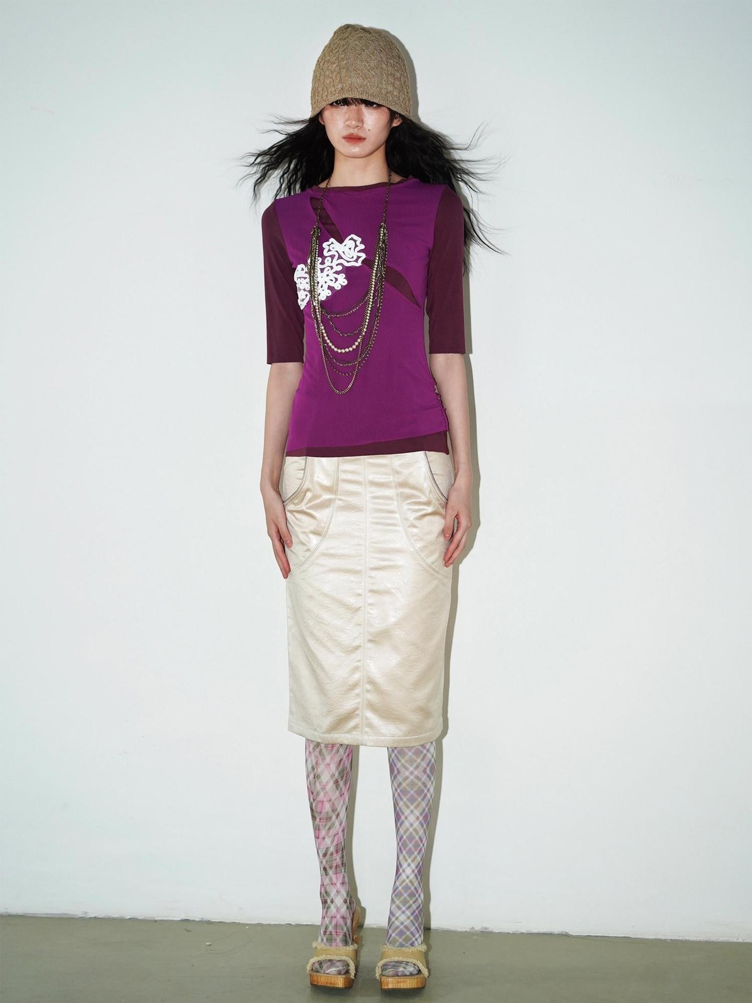 badtaste Metallic Sheen H Line Low Waist Slim Vintage Women's Light Gold Midi Skirts