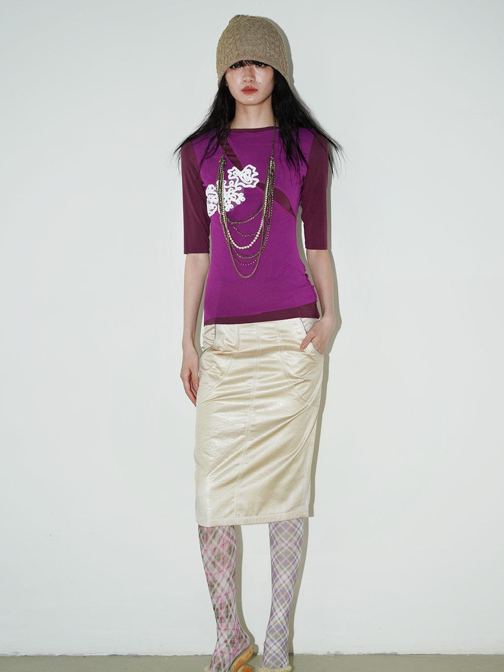 badtaste Metallic Sheen H Line Low Waist Slim Vintage Women's Light Gold Midi Skirts
