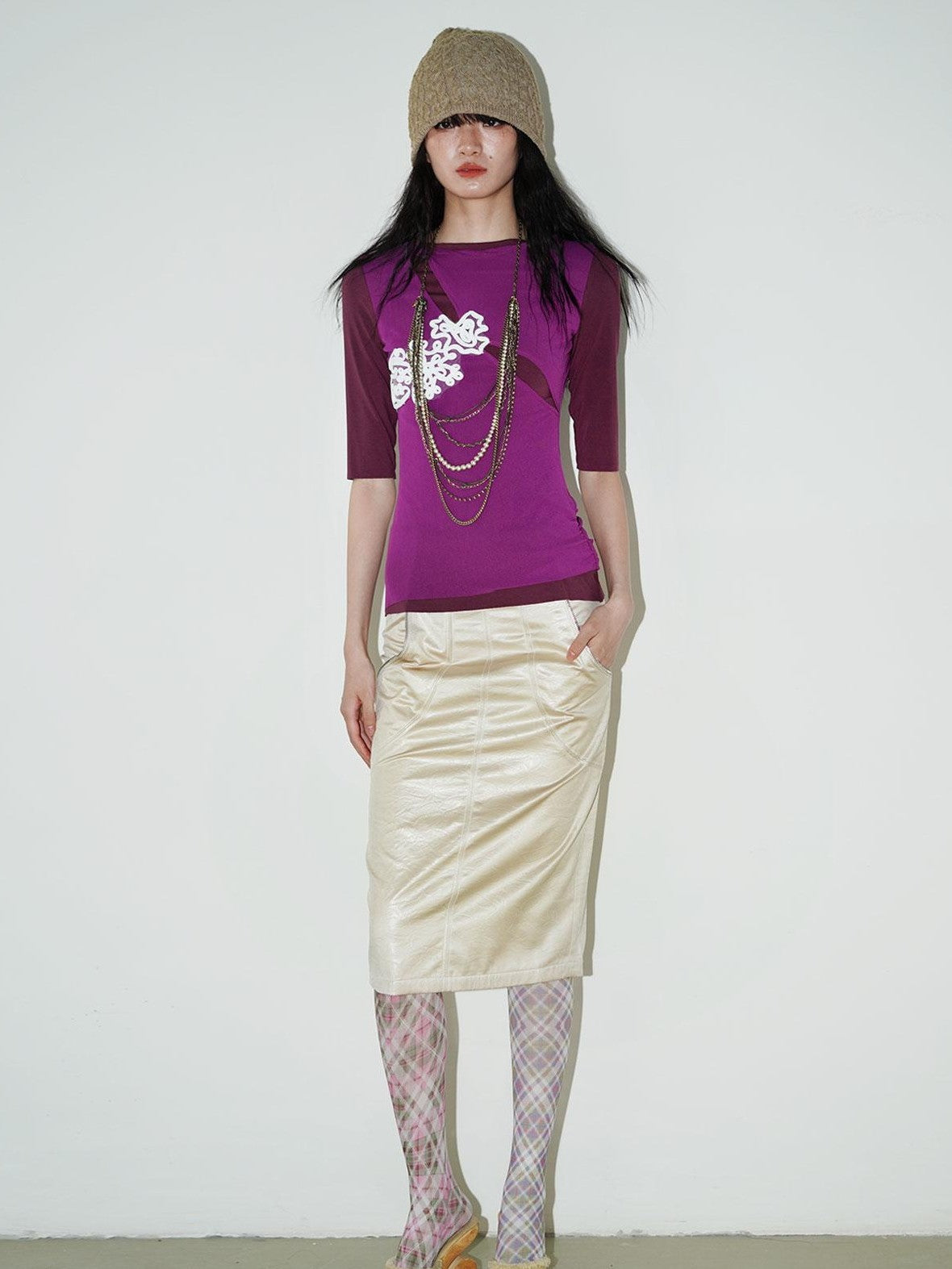 badtaste Metallic Sheen H Line Low Waist Slim Vintage Women's Light Gold Midi Skirts