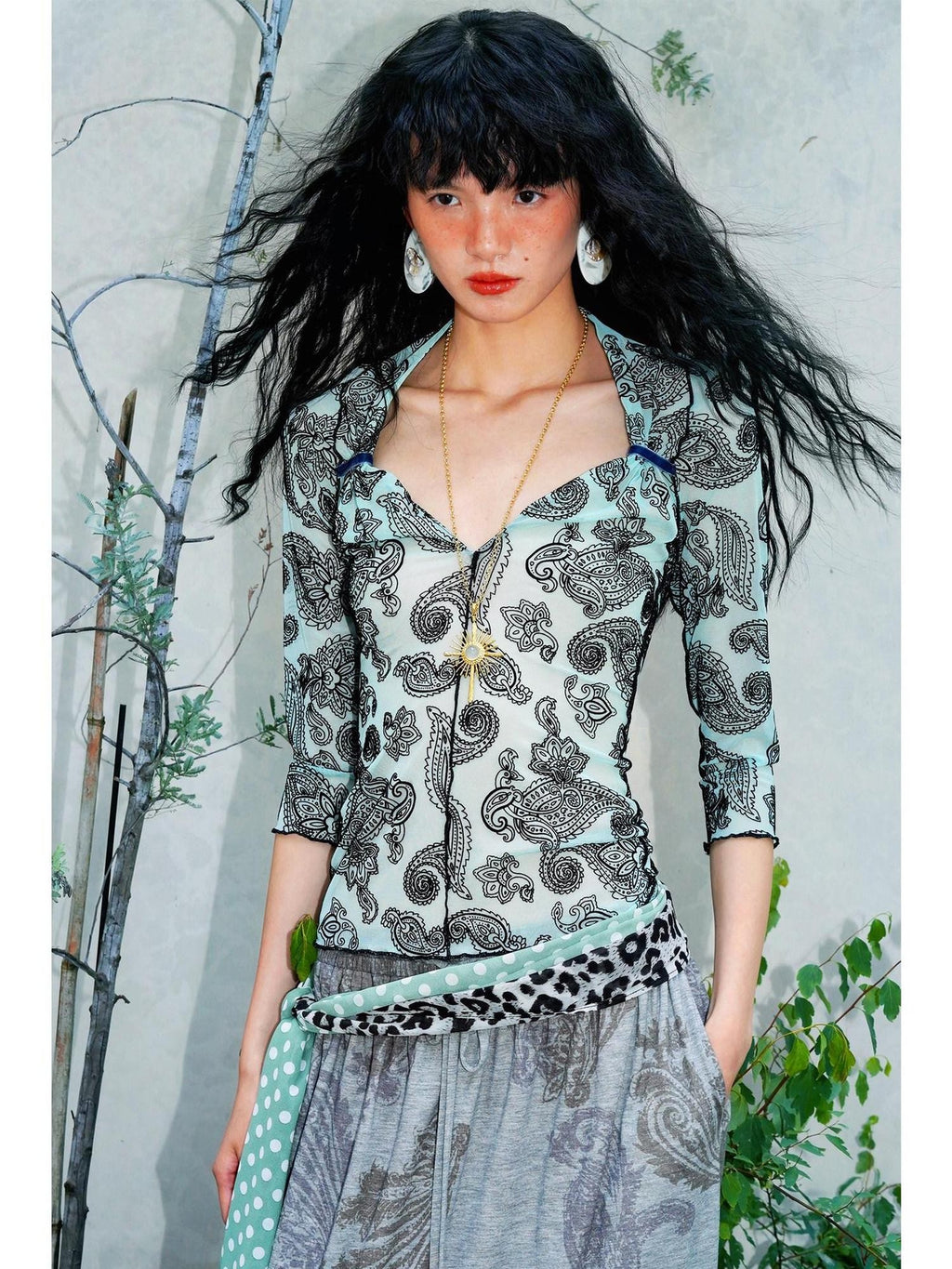 badtaste Mint Western Vintage Paisley Ruched Sheer Flocked Women's Short Sleeve T-shirts
