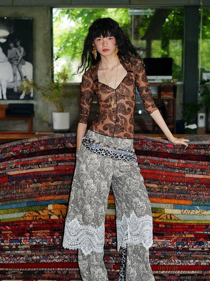 badtaste Mint Western Vintage Paisley Ruched Sheer Flocked Women's Short Sleeve T-shirts