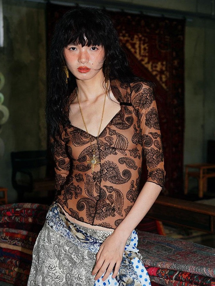 badtaste Mint Western Vintage Paisley Ruched Sheer Flocked Women's Short Sleeve T-shirts