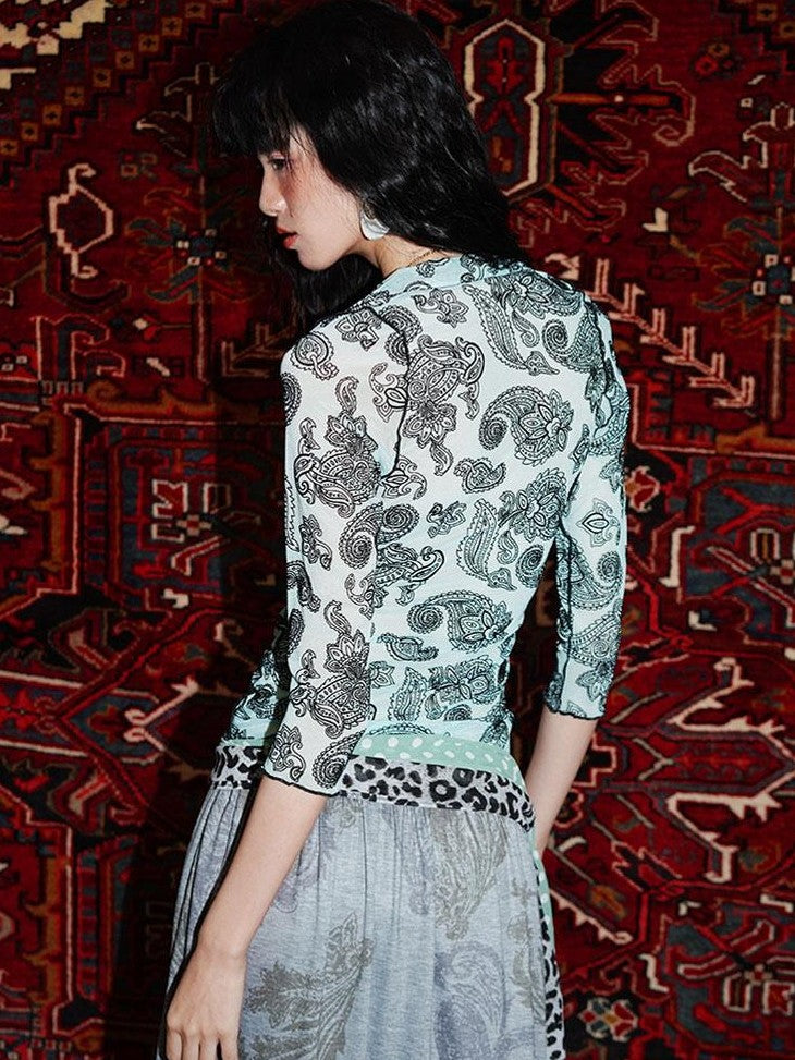 badtaste Mint Western Vintage Paisley Ruched Sheer Flocked Women's Short Sleeve T-shirts