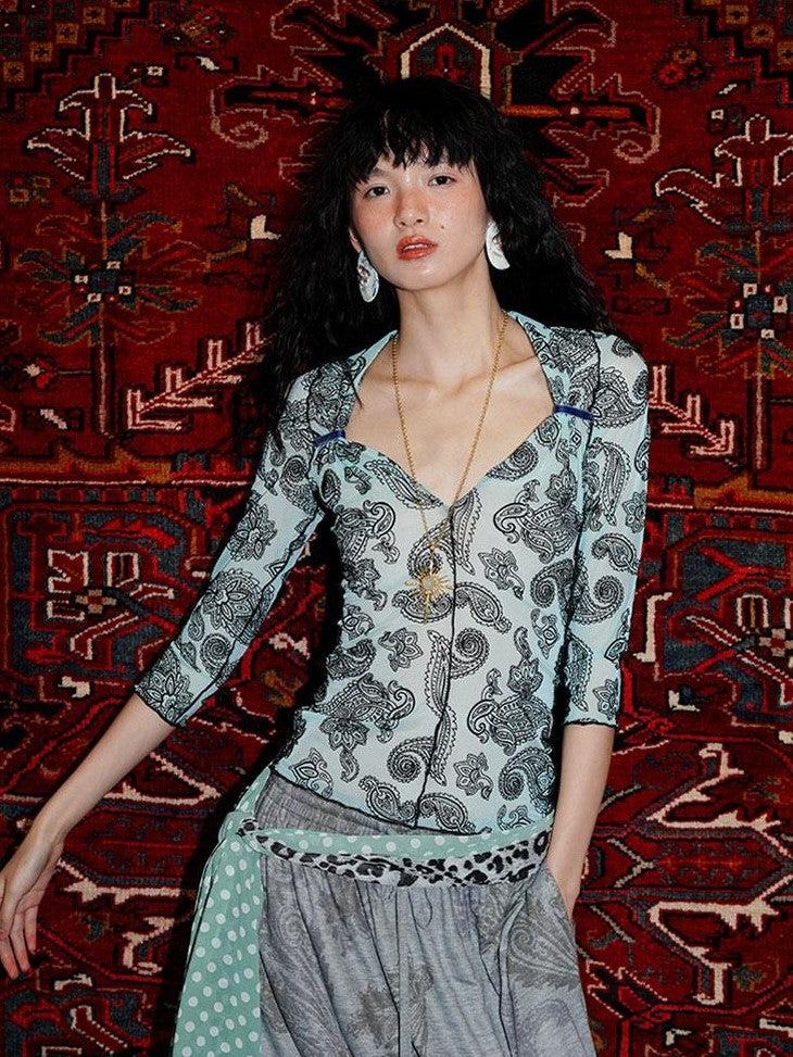 badtaste Mint Western Vintage Paisley Ruched Sheer Flocked Women's Short Sleeve T-shirts