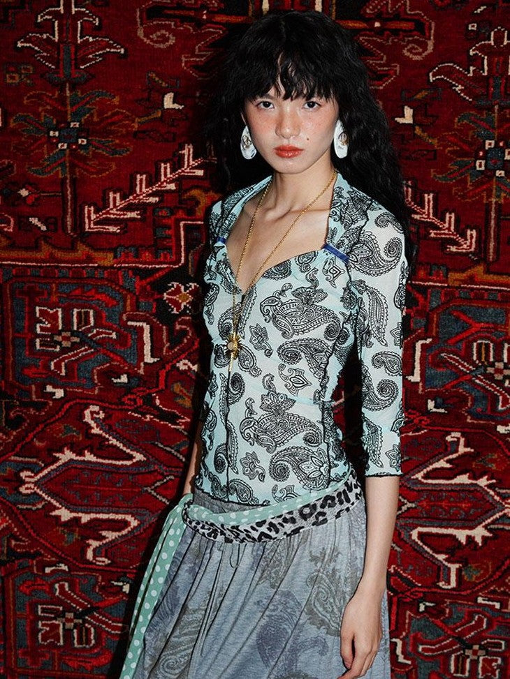 badtaste Mint Western Vintage Paisley Ruched Sheer Flocked Women's Short Sleeve T-shirts