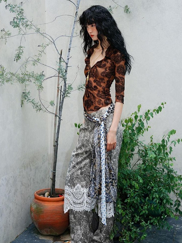 badtaste Mint Western Vintage Paisley Ruched Sheer Flocked Women's Short Sleeve T-shirts