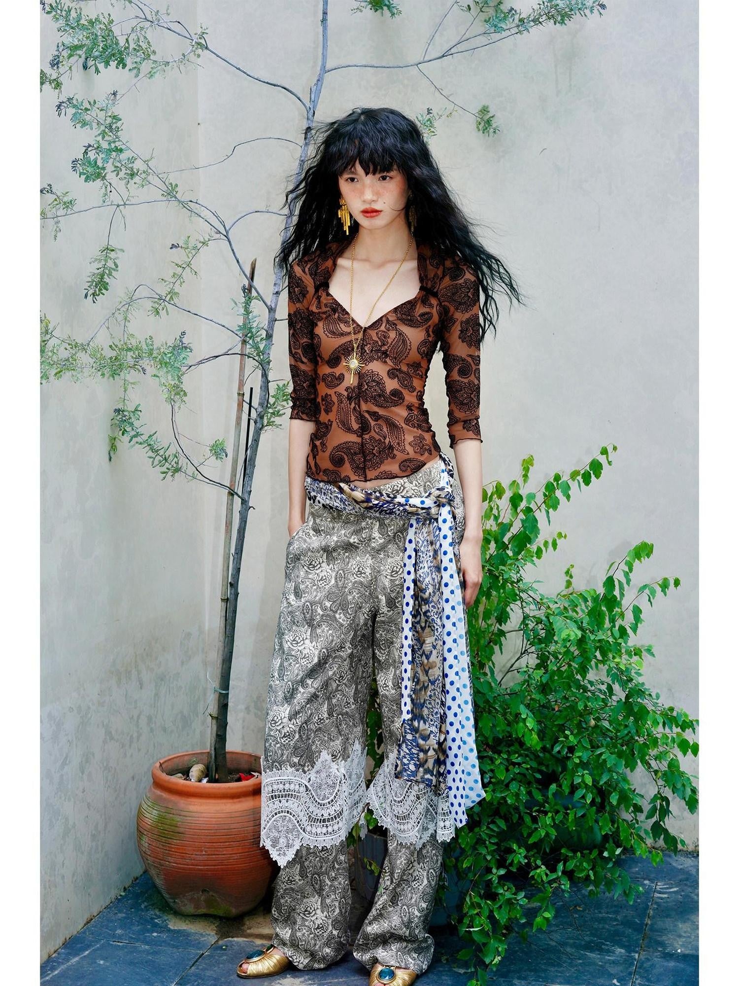badtaste Mint Western Vintage Paisley Ruched Sheer Flocked Women's Short Sleeve T-shirts