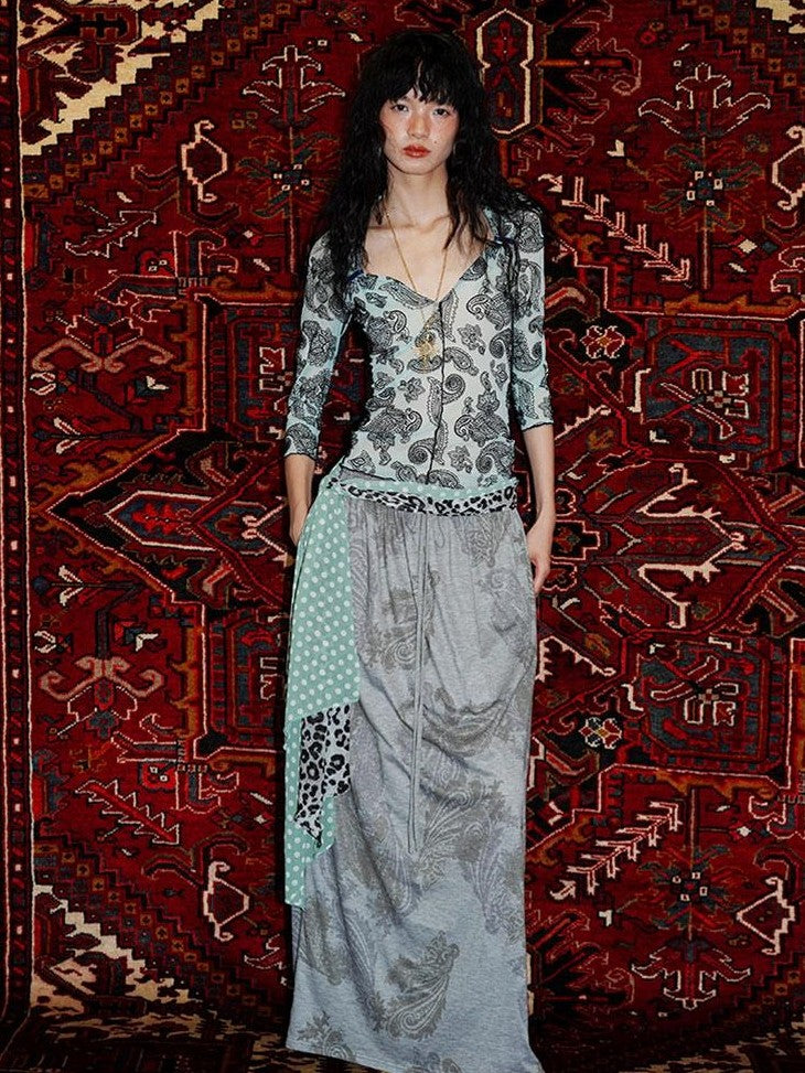 badtaste Mint Western Vintage Paisley Ruched Sheer Flocked Women's Short Sleeve T-shirts