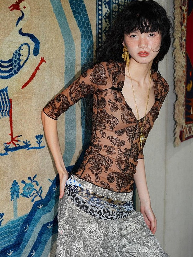 badtaste Mint Western Vintage Paisley Ruched Sheer Flocked Women's Short Sleeve T-shirts