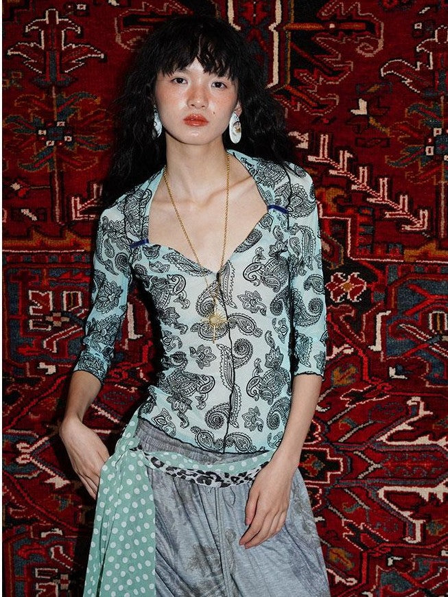 badtaste Mint Western Vintage Paisley Ruched Sheer Flocked Women's Short Sleeve T-shirts