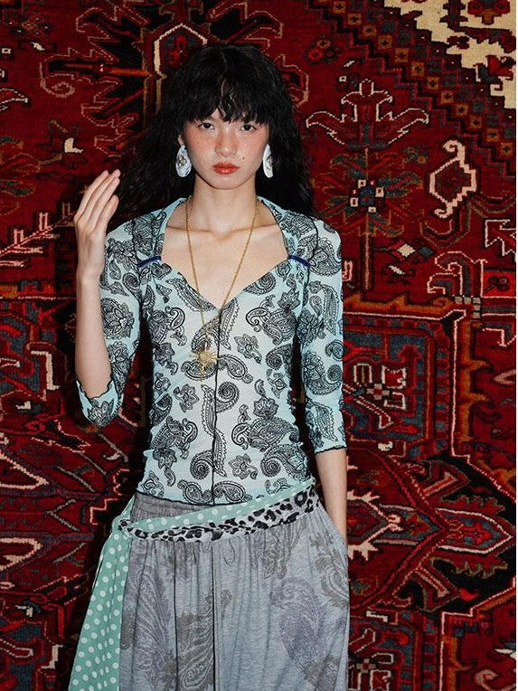 badtaste Mint Western Vintage Paisley Ruched Sheer Flocked Women's Short Sleeve T-shirts